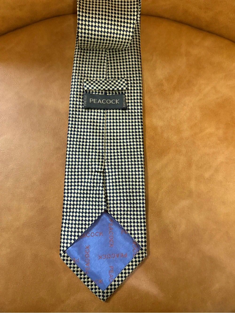 Peacock Pure Silk Handmade Tie in Cream/Gold & Black Grid Parttern
